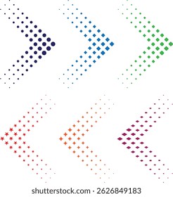 A vibrant collection of colorful halftone arrows in various shapes and hues, featuring dotted and star patterns on a white or transparent background. Eye-catching directional halftone icons