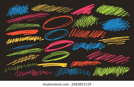 Vibrant Collection Of Colorful Hand-drawn Scribbles, Circles, And Lines On Black Background. Vector Images