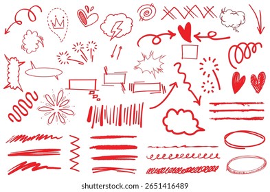 Coleção vibrante de elementos coloridos de esboço desenhados à mão, incluindo setas, balões de fala, estrelas, redemoinhos, sublinhados e acentos expressivos para uso de design criativo.