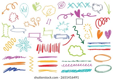 Coleção vibrante de elementos coloridos de esboço desenhados à mão, incluindo setas, balões de fala, estrelas, redemoinhos, sublinhados e acentos expressivos para uso de design criativo.
