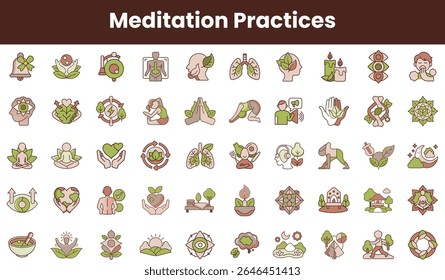 A vibrant collection of colorful icons depicting various meditation practices, emphasizing mindfulness, wellness, and inner peace through diverse illustrations.