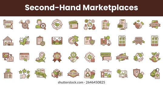 A vibrant collection of colorful icons representing second-hand marketplaces, featuring shopping elements like carts, tags, and coins in a modern design.