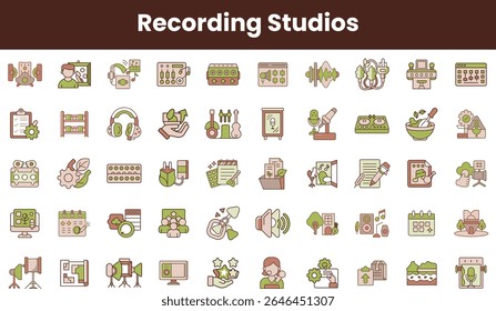 A vibrant collection of colorful icons representing various elements of recording studios, showcasing audio equipment, musical instruments, and creative processes.