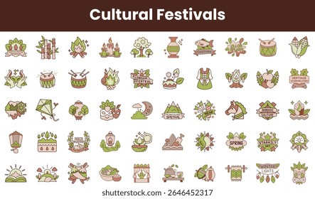 Uma coleção vibrante de ícones coloridos que representam vários festivais culturais, apresentando elementos como tambores, plantas e artefatos tradicionais em um design alegre.