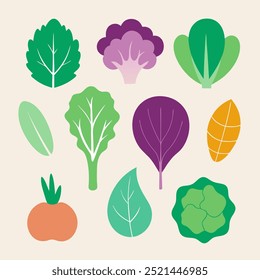 A vibrant collection of colorful, illustrated leafy greens and vegetables perfect for adding a fresh and natural touch to your designs. These playful graphics are ideal for branding, food packaging.