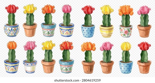 A vibrant collection of colorful moon cacti in various decorative pots, showcasing a variety of hues and patterns.