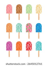 A vibrant collection of colorful popsicles or ice cream, each with unique swirled patterns, perfect for summer designs, dessert menus, or children themes. A fun and playful treat