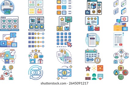 A vibrant collection of colorful vector icons illustrating various e-commerce and online business processes, including payments, reviews, and logistics.