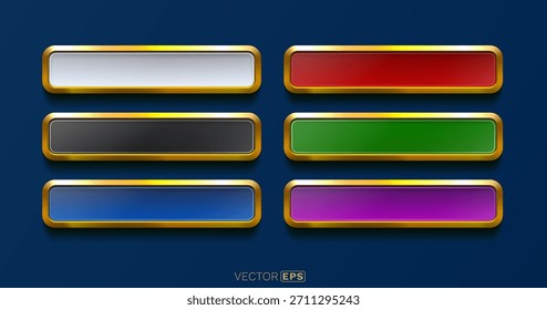 Vibrante colección de coloridos Botones y Anuncios de Web, con un lujoso diseño de marco dorado. Ilustración vectorial