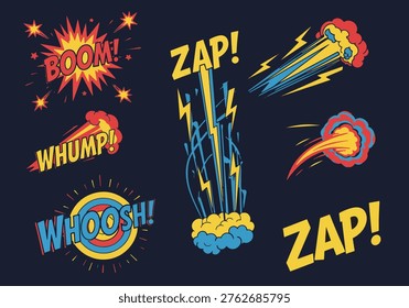 A vibrant collection of comic book sound effects, including Boom, Zap, Whump, and Whoosh, rendered in a dynamic, eye-catching style. Perfect for adding impact to any design.