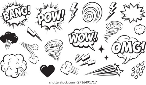Uma coleção vibrante de elementos de estilo de quadrinhos, incluindo balões de fala com exclamações como 'BANG!', 'POW!', 'WOW!' e 'OMG!', juntamente com vários efeitos de ação, como raios, redemoinho.