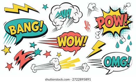 Eine lebendige Sammlung von Sprechblasen und Soundeffekten im Comic-Stil, darunter 'BANG!', 'WOW!', 'POW!' und 'OMG!', mit Blitzbolzen, Sternen und Speed-Linien, perfekt zum Hinzufügen einer Pop-Art oder.
