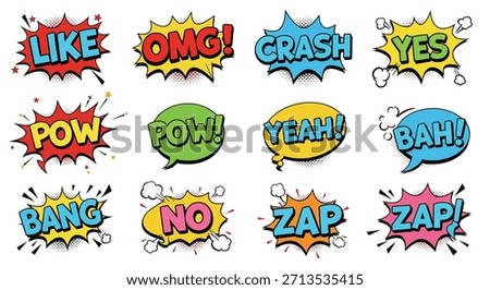 A vibrant collection of comic book style speech bubbles featuring various onomatopoeic words and exclamations like "Like," "OMG," "Crash," "Yes," "Pow," "Yeah," "Bah," "Bang," "No," "Zap," and "ZAP!"