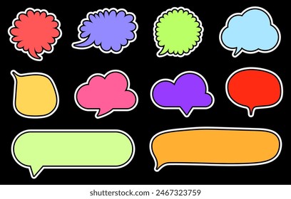 A vibrant collection of comic speech bubbles in various shapes and colors, set against a black background. Perfect for adding a pop of color to comic strips, graphic designs, and creative projects.