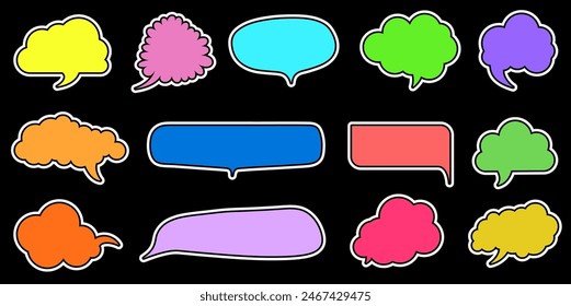 A vibrant collection of comic speech bubbles in various shapes and colors, set against a black background. Perfect for adding a pop of color to comic strips, graphic designs, and creative projects.