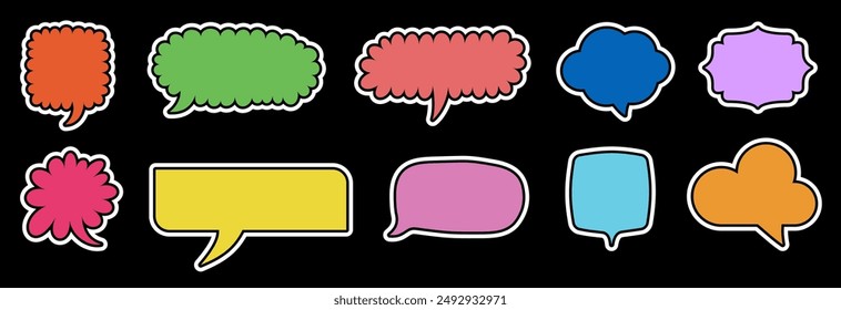 A vibrant collection of comic speech bubbles in various shapes and colors, set against a black background. Perfect for adding a pop of color to comic strips, graphic designs, and creative projects.