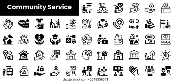 A vibrant collection of community service icons, showcasing diverse activities and support initiatives, emphasizing collaboration and compassion in various fields.