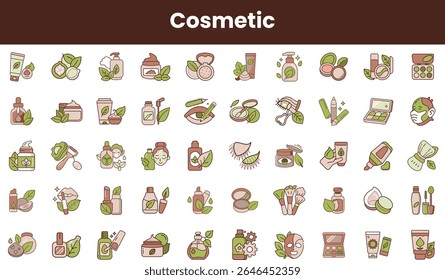 A vibrant collection of cosmetic icons featuring various beauty products, including skincare, makeup, and organic elements, showcasing a fresh and natural aesthetic.