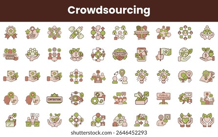 A vibrant collection of crowdsourcing icons featuring diverse hands, community symbols, and engagement elements in soft earth tones, representing collaboration and innovation.