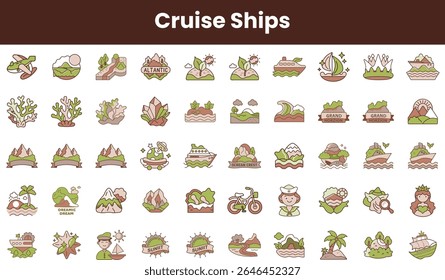 A vibrant collection of cruise ship-themed illustrations featuring landscapes, sea creatures, and nautical elements in soft, earthy tones.