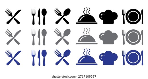 A vibrant collection of culinary and dining utensil icons in various color palettes