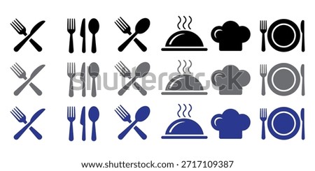 A vibrant collection of culinary and dining utensil icons in various color palettes