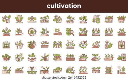 Uma coleção vibrante de ícones com temas de cultivo, com várias plantas, ferramentas de jardinagem e elementos que representam o crescimento e a nutrição.