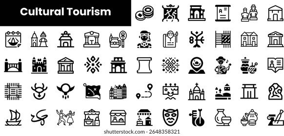 Uma coleção vibrante de ícones do turismo cultural que representam vários aspectos do patrimônio, incluindo monumentos, artesanato local e formas de arte tradicionais. Perfeito para projetos de viagens temáticas.