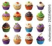 A vibrant collection of cupcakes, each creatively adorned with various toppings and frostings in a myriad of colors and designs, making them perfect for any festive or celebratory occasion.