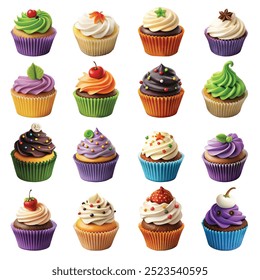 A vibrant collection of cupcakes, each creatively adorned with various toppings and frostings in a myriad of colors and designs, making them perfect for any festive or celebratory occasion.