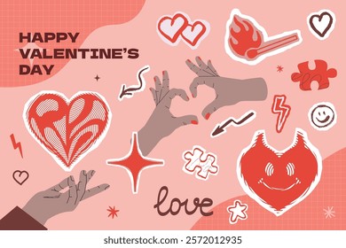 A vibrant collection of cut out items for Valentine's Day. The collage features various hand-drawn hearts, hands, a match with fire, and other romantic symbols. Vector design elements