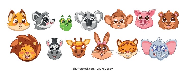 Vibrant Collection Of Cute Cartoon Animal Faces Featuring A Variety Of Expressions And Styles. Colorful Illustration