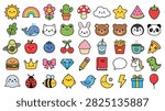 Vibrant collection of cute cartoon flat design characters and food icons, featuring a sun, rainbow, flower, cactus, mushroom, cloud, star, watermelon, strawberry, leaf, whale, cat, frog, bunny, two bears, penguin, panda, avocado, apple, blueberry, cherries, cupcake, bubble tea, french fries, coffee, pizza, burger, crown, bow, diamond, pencil, book, speech bubble, unicorn, dinosaur, seal, ladybug, bee, chick, bird, moon, lightning bolt, gift, and balloon.