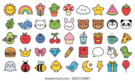 Vibrant collection of cute cartoon flat design characters and food icons, featuring a sun, rainbow, flower, cactus, mushroom, cloud, star, watermelon, strawberry, leaf, whale, cat, frog, bunny, two bears, penguin, panda, avocado, apple, blueberry, cherries, cupcake, bubble tea, french fries, coffee, pizza, burger, crown, bow, diamond, pencil, book, speech bubble, unicorn, dinosaur, seal, ladybug, bee, chick, bird, moon, lightning bolt, gift, and balloon.