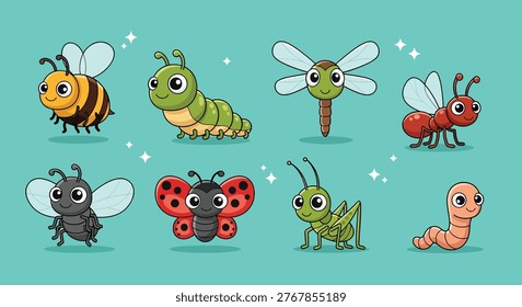 A vibrant collection of cute cartoon insects including a bee, caterpillar, dragonfly, ant, ladybug, grasshopper, and worm.