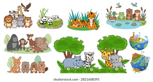 A vibrant collection of cute cartoon wild animal illustrations and habitat scenes. Features group of safari animals (lion, giraffe, hippo, tiger, eagle), pandas in bamboo forest, tiger cubs on grass, pond wildlife (duck, frog, beaver, otter), jungle animals (gorilla, monkey, elephant, pangolin), Australian wildlife (kangaroo, wombat, platypus, quokka), and earth globe animal preservation concepts. Ideal for children books, educational materials, nursery wall art, stickers, and environmental campaigns.
