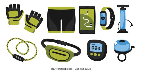 A vibrant collection of cycling essentials.  Perfect for beginners and seasoned cyclists. Includes gloves, shorts, phone, watch, pump, and more.