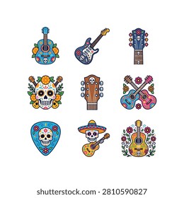 A vibrant collection of Day of the Dead themed guitars, skulls, and a guitar pick, all adorned with floral and traditional Mexican motifs.