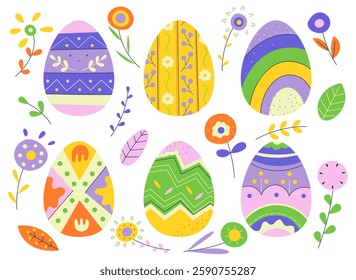 A vibrant collection of decorated Easter eggs with floral elements in pastel colors. Ideal for holiday greeting cards, posters, and festive designs