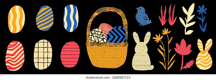 A vibrant collection of decorative Easter eggs and whimsical bunnies showcases a joyful spring celebration filled with creativity and artistic flair, perfect for seasonal festivities.