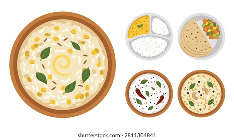 A vibrant collection of Delicious South Indian comfort food Cuisine Collection khichdi rice lentil, dal chawal simple, roti sabzi basic, curd rice soothing, pongal rice moong.