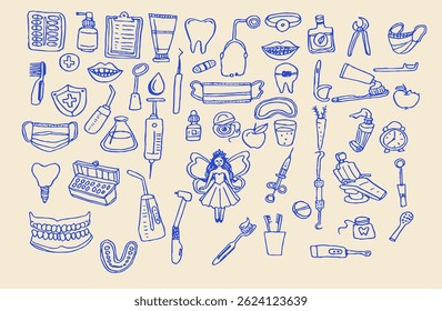 Vibrant collection of dental-themed illustrations showcasing essential oral care items, dental tools, hygiene symbols, and healthy habits, designed for education, healthcare, and promotional use.