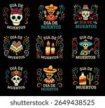 A vibrant collection of Dia de Muertos (Day of the Dead) icons, featuring festive skulls, sombreros, candles, maracas, tequila, poncho, flowers, cactus, and musical skeletons. 