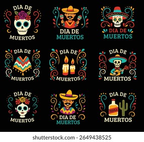 Uma coleção vibrante de ícones Dia de Muertos (Dia dos Mortos), com crânios festivos, sombreros, velas, maracas, tequila, poncho, flores, cactos e esqueletos musicais. 