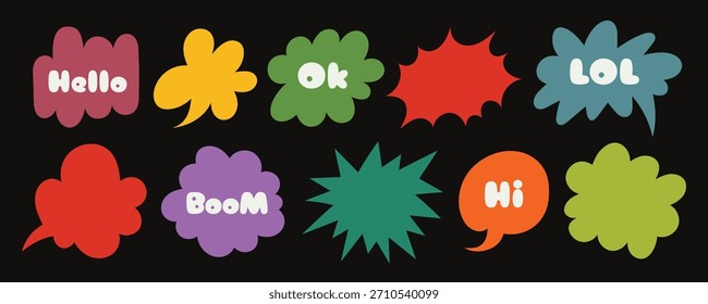 Colección vibrante de diferentes Formas abstractas de colores, burbuja, nube, mensajes con inscripciones de texto. Perfecto para proyectos creativos o obras de arte decorativas. Ilustración vectorial
