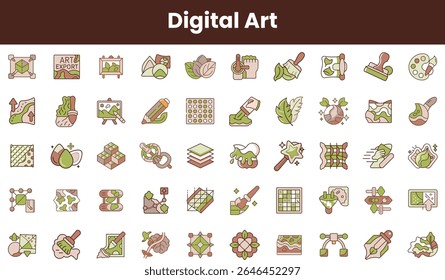 A vibrant collection of digital art icons featuring tools, plants, and abstract shapes, creating a visually appealing and playful theme for creative projects.