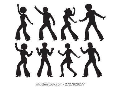 Eine lebendige Kollektion von Disco-Tänzerinnen Silhouetten, die zum Rhythmus der 70er Jahre Party grooven