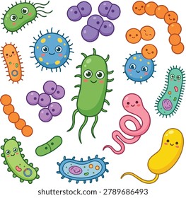 A vibrant collection of diverse, anthropomorphic bacteria and microbes in various shapes and colors, rendered in a playful cartoon style.