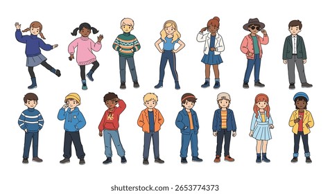 A vibrant collection of diverse children posed in a fun manner showing different clothing styles