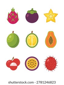 A vibrant collection of diverse exotic tropical fruits, presented in a clean, flat design illustration.